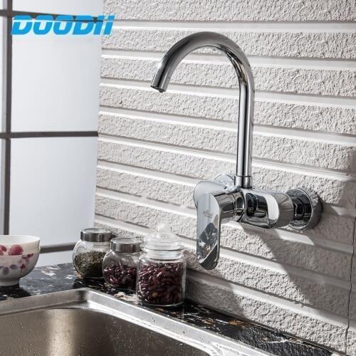 Doodii High-quality Wall Mounted Double Holes Kitchen Faucet Single Handle Chrome Kitchen Mixer Taps Dual Holes Faucet