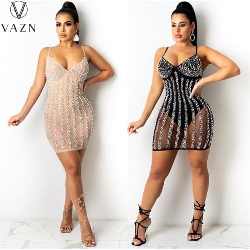 VAZN 2021 INS Sequins Glitter Sleeveless V-neck Elegant Mini Party Dresses Sexy Club Birthday Dress Women Elegant Fashion Dress