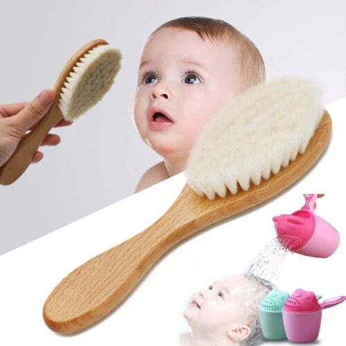 Pure Wool Baby Bath Care Brush Natural Wooden Handle Infant Shower Head Massage Comb Brush Kids Rinse Hair Body Shampoo Cup