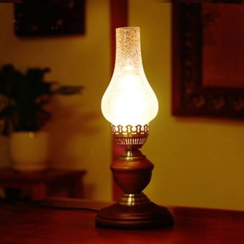 Retro Kerosene lamp LED Desktop Home Decorative Night Lights Classic Glass Wood Lantern Smokeless Country Nostalgic Style Gifts