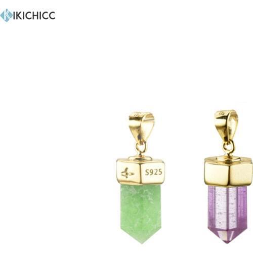 Kikichicc 925 Sterling Silver Green Purple Gems Pendant Necklace Rectangle Irregular Rock Punk Special Chain Necklace Jewelry