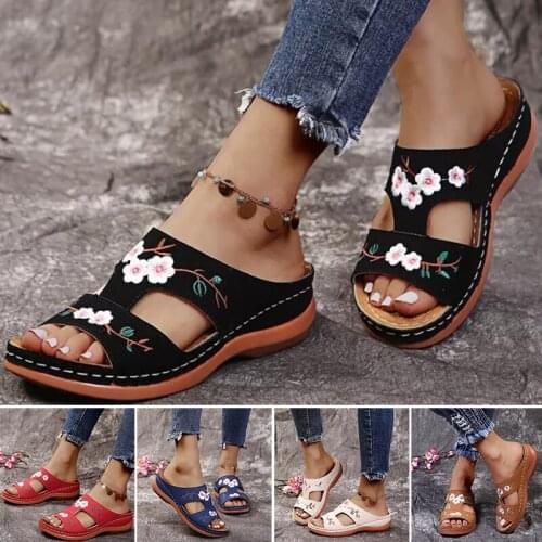 Leather Flower Embroidered Vintage Casual Soft footbed Orthopedic Arch-Support Sandals A66
