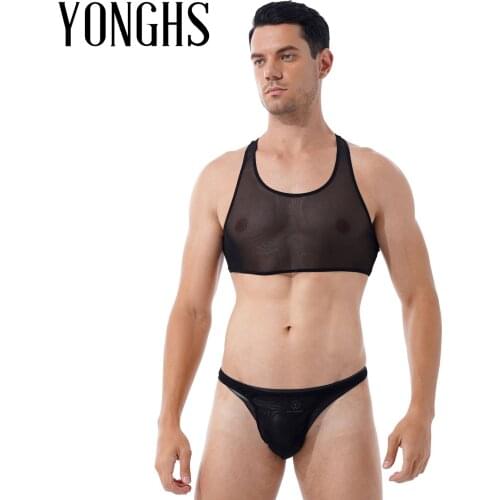 Mens Erotic Lingerie Suits Underwear Transparent Mesh Sleeveless Cropped Waistcoat with Low Waist Elastic Waistband Thong Briefs