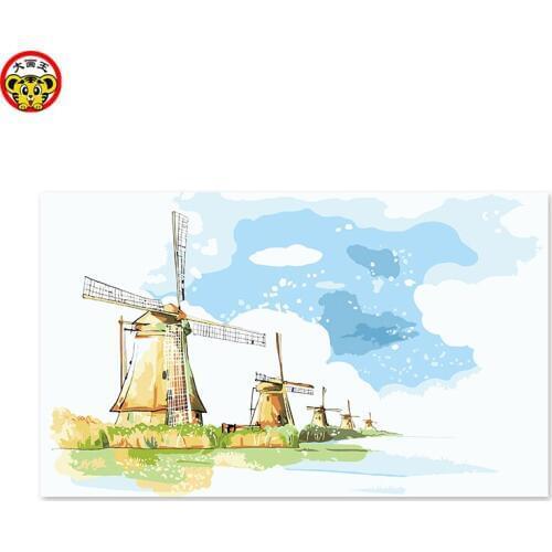 Painting by numbers art paint by number Cartoon fantasy landscape modern ink Windmill, girl, dream, light blue sky Harbor cof