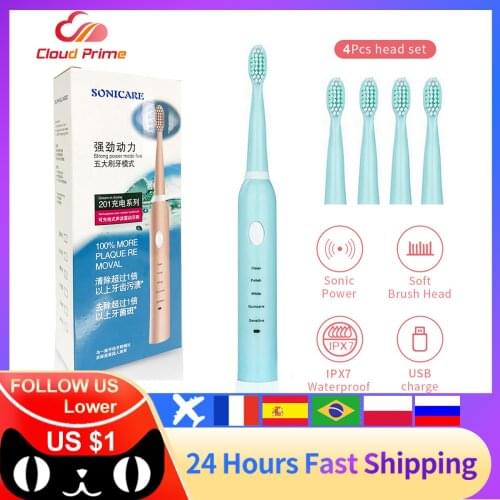Rechargeable Electric Toothbrush Ultrasonic Powerful Automatic Smart Tooth Brush with Replacement Toothbrush Heads 5 Modes Adult