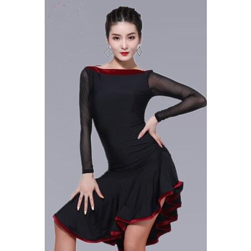 Women Latin Competition Dance Dresses Sexy Mesh Long Sleeved Standard Practice Dress Female Ballroom Samba Clothing in stock