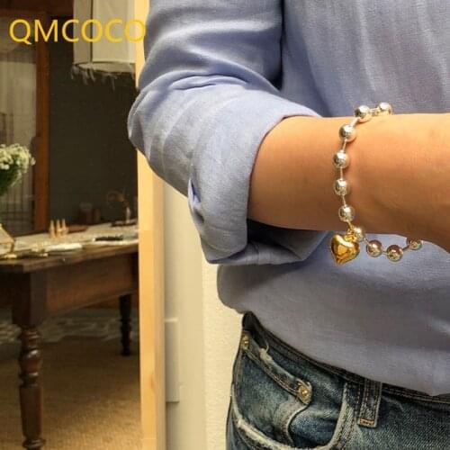 QMCOCO 925 Silver Bracelet String of Round Beads Accessories Trendy Simple Smooth Heart-Shape Birthday Party Jewelry For Gilr