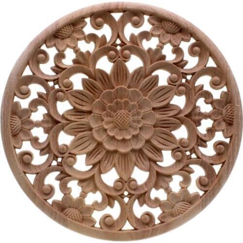 Carved Flower Carving Round Wood Appliques For Furniture Cabinet Unpainted Wooden Mouldings Decal Decorative Figurine