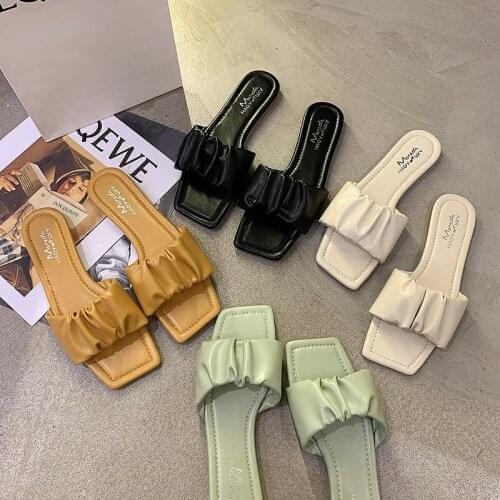2022 Summer Women Sandals Slippers Pleated Flip Flop Casual Beach Square Open Toe Shoes Outdoor Slippers Hot Female Soft Slides
