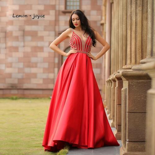 Lemon joyce Evening Dress 2020 Sexy Red Color Elegant A-Line V-Neck Floor length Crystal Beading Party Gown Plus Size