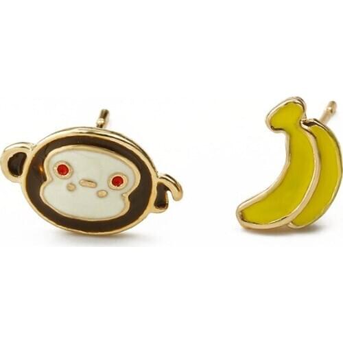Asymmetrical Monkey Banana & Rabbit Carrot Cut Small Cartoon Stud Earrings for Women