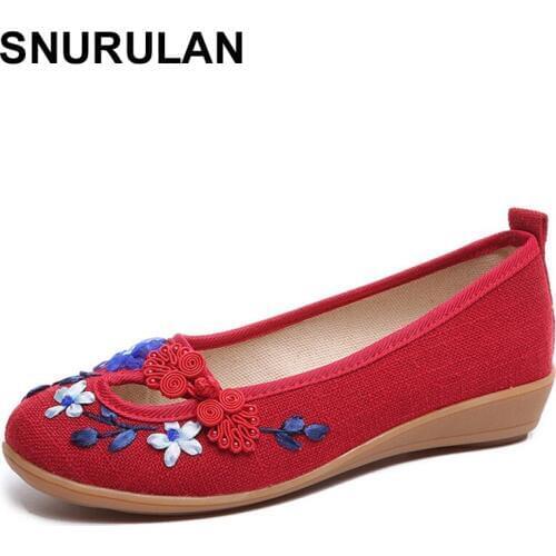 SNURULAN 2018 Flowers Appliques Women Linen Slip on Ballet Flats Breathable Fabric Ladies Casual Chinese Shoes ballerina E084