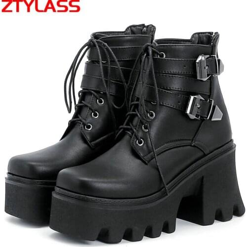 Black Fashion Women Boots Platform Ankle Boots Pu Leather Chunky High Heel Motorcycle Boots Autumn Winter Zipper Woman Shoes