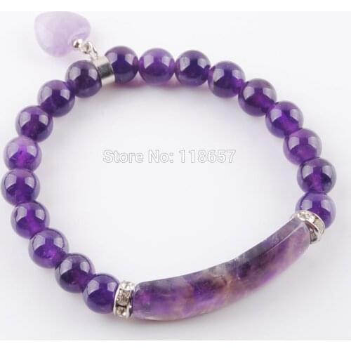YOWOST Natural Amethysts Stone Beads Strand Bracelets Heart Shape Silver-color Fitting Women Jewelry Love Gifts IK3340