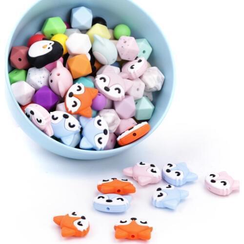 Chenkai 50PCS Fox Shaped Baby Silicone Beads Teether Baby Cartoon Teething For Baby Nursing Teething Necklace Pacifier Clips