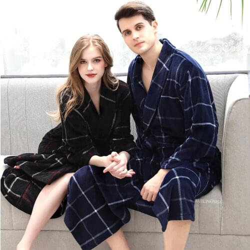 Men Winter Plaid Plus Size Long Coral Fleece Bathrobe 40-130KG Warm Flannel Bath Robe Kimono Robes Dressing Gown Night Sleepwear