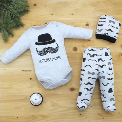 Flaneur Baby Boy Moustache Patterned 3 Pieces Long Sleeve Bodysuit Pants Hat Premium Quality Natural Cotton