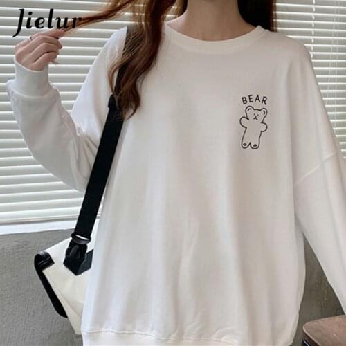 Jielur 2021 Fall New Women Sweatshirt Cute Bear Cartoon Hoodies Women Thin White Navy Pullover Spring Harajuku Top Girls M-XL