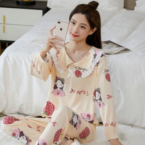 New Cotton Pajama Set Women Long Pants Korean Style Autumn Long Sleeve Sleepwear Sweet Doll Collar Christmas Loungewear 2 Pieces