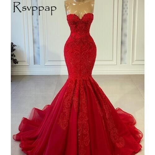 Red Mermaid Long Evening Dresses 2021 Stunning Beaded Embrodiry Lace Top Sweetheart Neck Sleeveless Tulle Women Formal Gowns