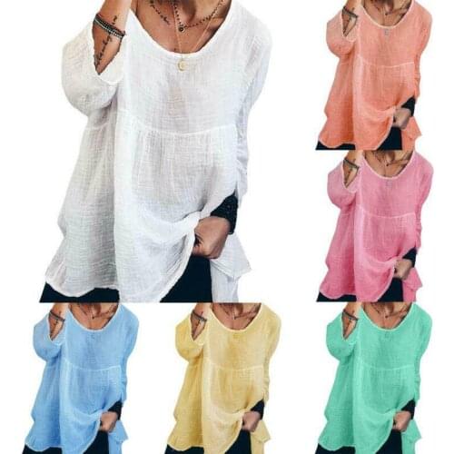 Summer Womens Baggy Cotton Linen T Shirt Casual Long Sleeve Tunic Blouse Tops sz
