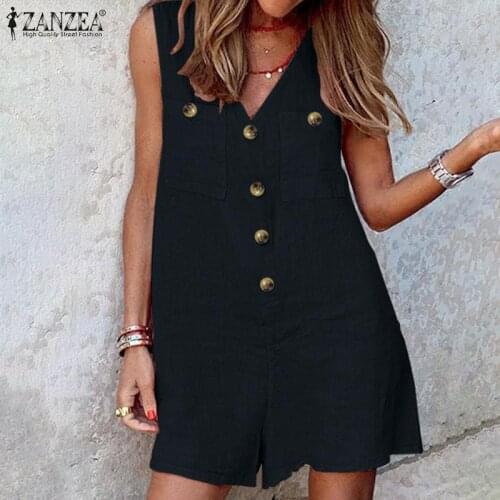 2021 ZANZEA Summer Jumpsuits Women V Neck Sleeveless Rompers Stylish Short Playsuits Casual Solid Loose Beach Overalls Oversized