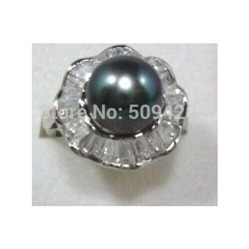 Fashion 12mm Black South Sea shell pearl Bead Jewelry ring size 7 8 9