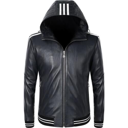Fashion Men Genuine Leather Jacket Hood Sheepskin White Stripes Real Leather Jackets Dark Blue Coat Hooded Spring Autumn S-3XL