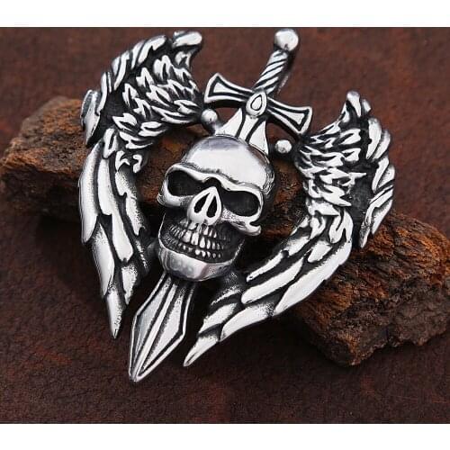 Gothic Stainless Steel Angel Sword Skull Pendant Necklace Punk Hip Hop Nightclub Rock Men Skull Necklace Jewelry Never Fade
