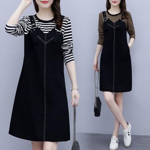 Striped Fake Two Pieces Dress Large Size Autumn New Straight Women Woman Dresses Vestido De Mujer Femme Robe