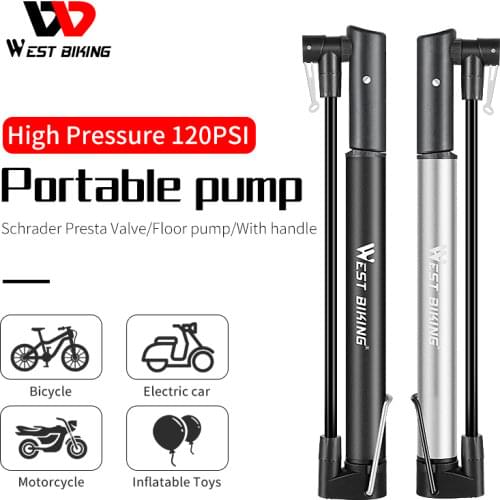 WEST BIKING Bike Pump Mini Portable Inflator Lightweight MTB Bike Pump 120 PSI Presta Schrader Valve Cycling Ball Air Foot Pump