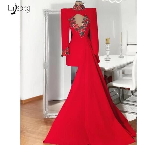 Real Image Red Asymmetrical Evening Dresses Delicate Appliques Crystal Sexy Prom Gowns Full Sleeves Floral Formal Event Dress