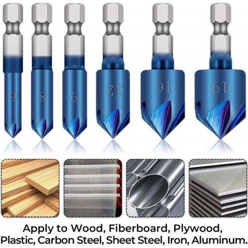 6pcs 1/4" Hex Shank HSS Countersink Drill Bit 90 Degree Hexagonal Shank 5 Flute Nano Chamfer Tool Woodworking Drill Bits 6-19mm