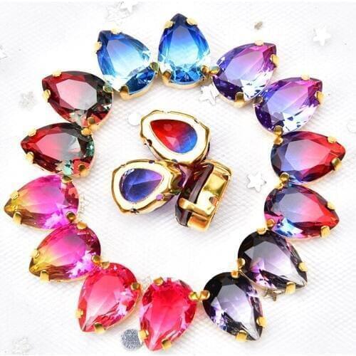 Grade-A 5pcs Tourmaline Rhinestones 10*14mm Teardrop Gradient Mix Crystal With Gold Claw Sewing Dress Fabric DIY Necklace Button
