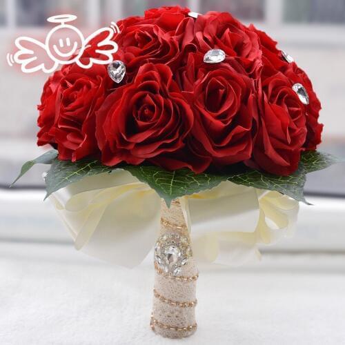 JaneVini Vintage Red/Pink/Ivory Crystal Flower Bouquet 2018 Lace Handle Wedding Bridal Bouquet Artificial Silk Rose Groom Flower