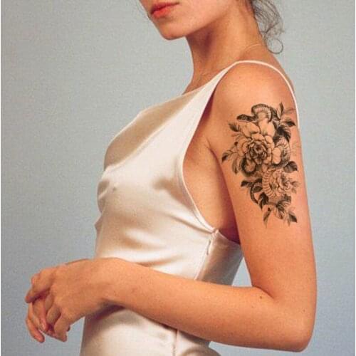 Waterproof Temporary Tattoo Sticker Rose Peony Flower Snake Black Flash Tattoos Female Sketch Line Body Art Arm Fake Tatto Male