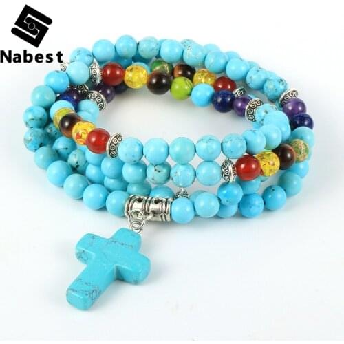 Women Men Natural Stone 7 Chakras 108 Mala Beads Layers Bracelet Turquoises Tiger Eye Cross Pendant Bangle Yoga Reiki Jewelry