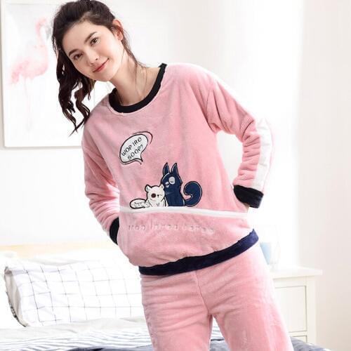 Women autumn and winter thick coral fleece long sleeve suit cartoon Korean flannel warm fluffy women pajama sets pajamas