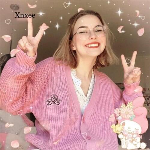 Y2K Embroidery Knitted Cardigan Woman Cute Pink Angel Loose V-Neck Autumn Sweater Female Lolita Style Out Wear Clothes Coat
