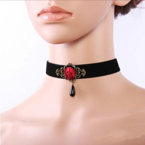 Necklace Womens Necklace Womens Necklace Fashion Retro Accessory Necklace Red Rose Flower Water Drop Pearl Short Necklace