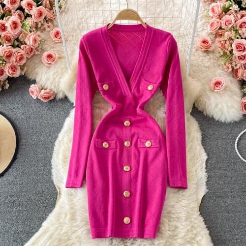 Sexy V-neck Long Sleeve Knit Bodycon Dress Women 2021 Autumn Fashion Buttons Decoration Slim Fit Mini Party Work Dress Vestidos