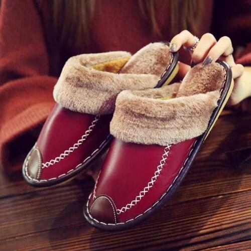 Winter Fur Women Home Slippers Large Size PU Leather Warm Plush Couples Bedroom Shoes Non-slip Men Furry Slippers Female Slides