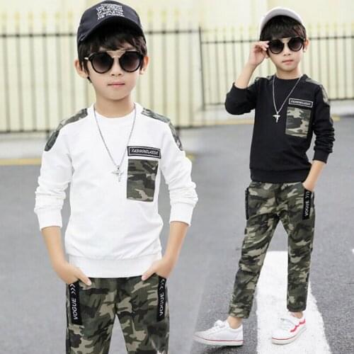 2 Pcs Toddler Camouflage Outfits Baby Boys Long Sleeve Round Neck Pullover Trousers with Slant Pockets