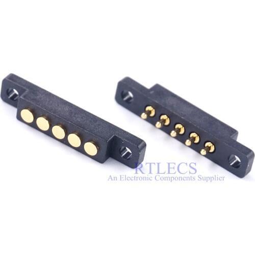 2 pcs Spring Loaded Connector Pogo Pin 5 Pin 2.54 mm Pitch Through Holes PCB Vertical With Flange Panel Mount Single Row Strip
