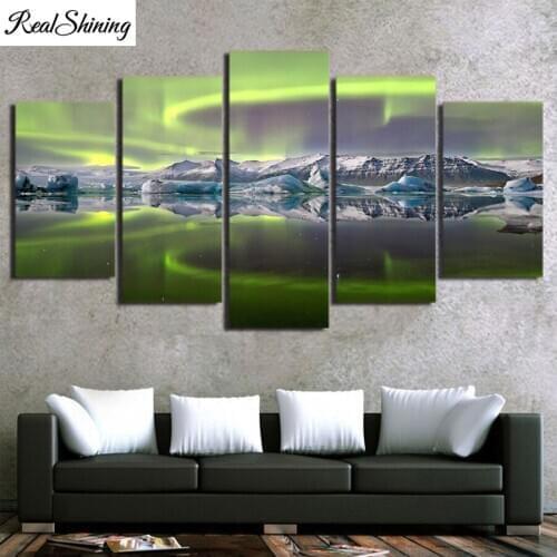 5 Piece Canvas Art Aurora Lake Ice Mountain DIY Rhinestone Embroidery Diamond Painting 3D Cross-Stitch full Mosaic Decor F866