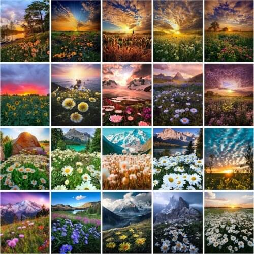 Huacan 5d Diamond Embroidery Cross Stitch Flower Mountain Diamond Painting Full Square Mosaic Daisy Landscape Home Decoration