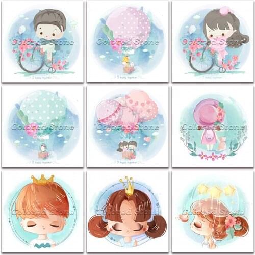 New Diamond painting Cartoon Girl boy hot air balloon 5D DIY Full Square Drill embroidery Cross stitch Round mosaic Drawing 1222