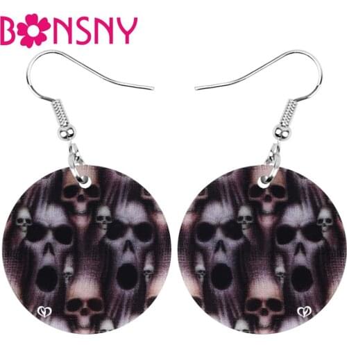 Bonsny Acrylic Halloween Horror Skull Skeleton Head Round Earrings Drop Dangle Festival Decorations Jewelry Women Girl Teen Gift