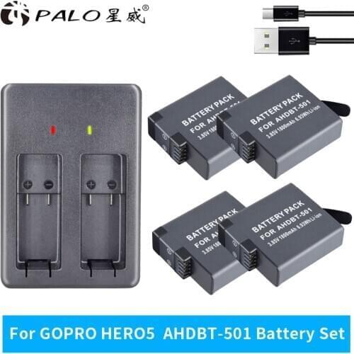 PALO Digital Batteies Charger AHDBT-501 For GoPro Go Pro Hero 5 6 Action 1800mAh Camera Bateria + 2 Slots LED Black Battery
