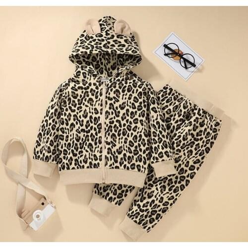 Baby and childrens cute zipper shirt suit childrens hooded zipper coat leopard print two-piece suit